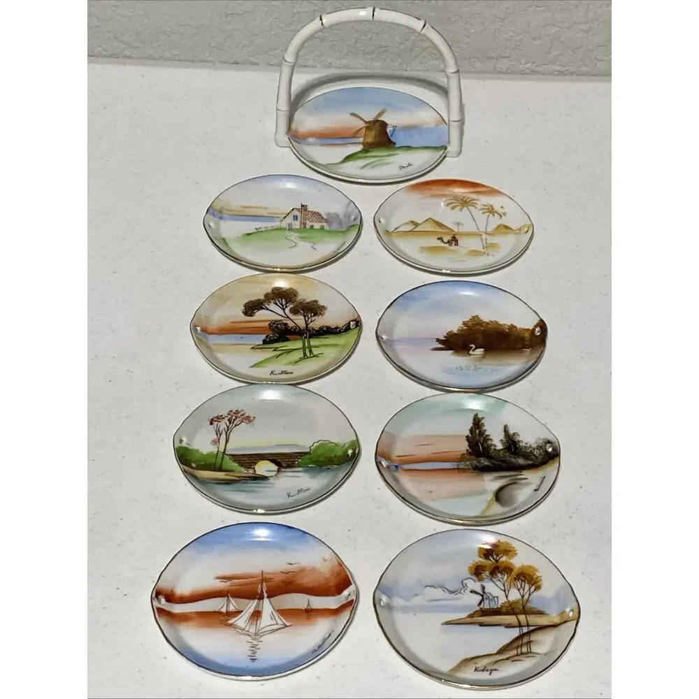 Vtg Lenwile Ardalt Hand Painted 3.5” Coasters With Caddy Occupied Japan Set Of 8